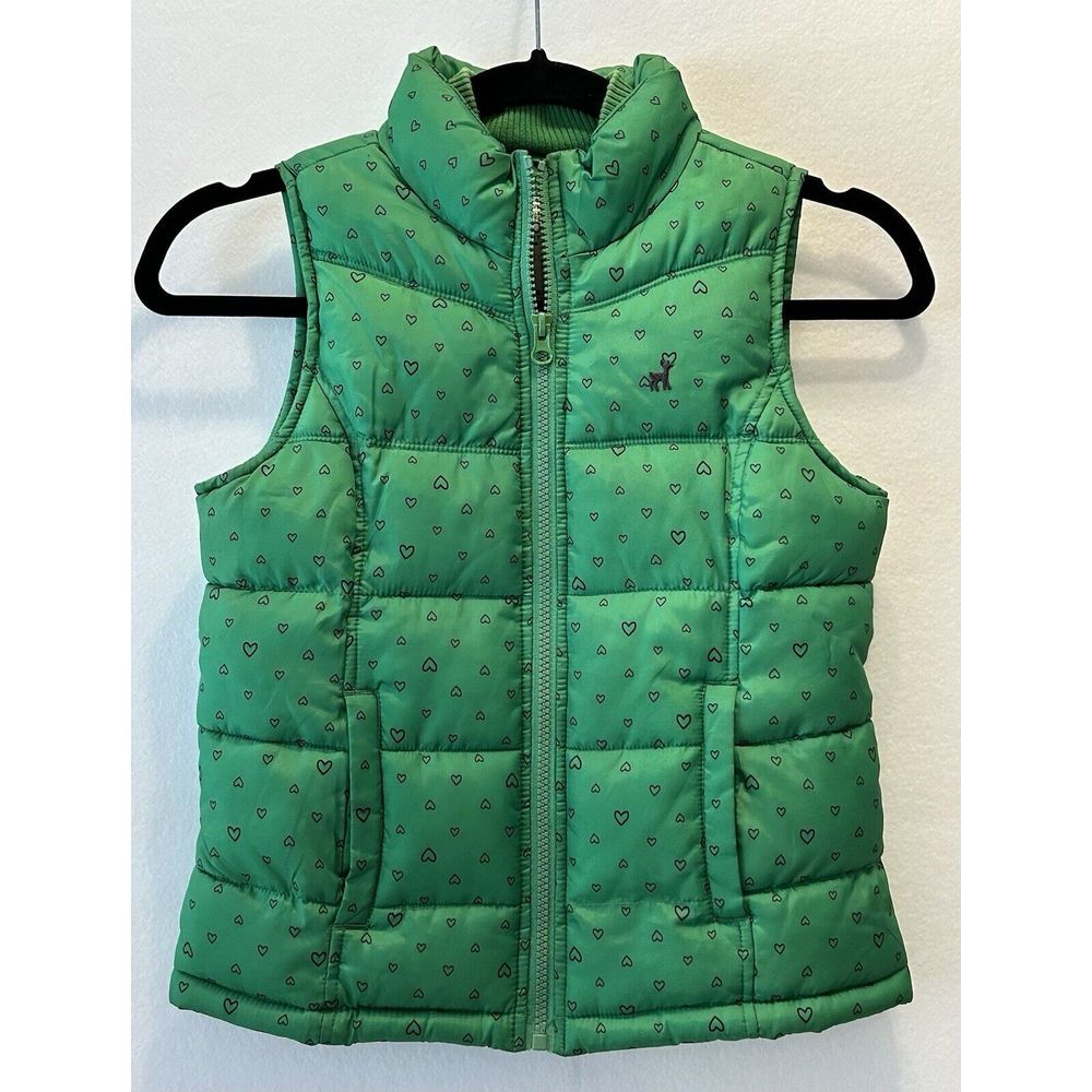 Old Navy Green Heart Puffer Vest‎ Girl's Size Med FullZip Front EUC